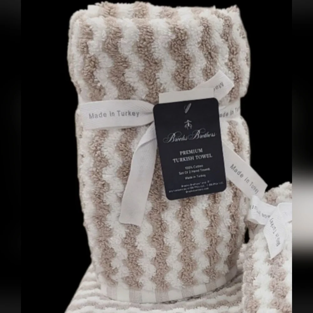 6pc BROOKS BROTHERS Tan White THICK PLUSH Bath Hand Tip TURKISH Towel Set New - Picture 2 of 8